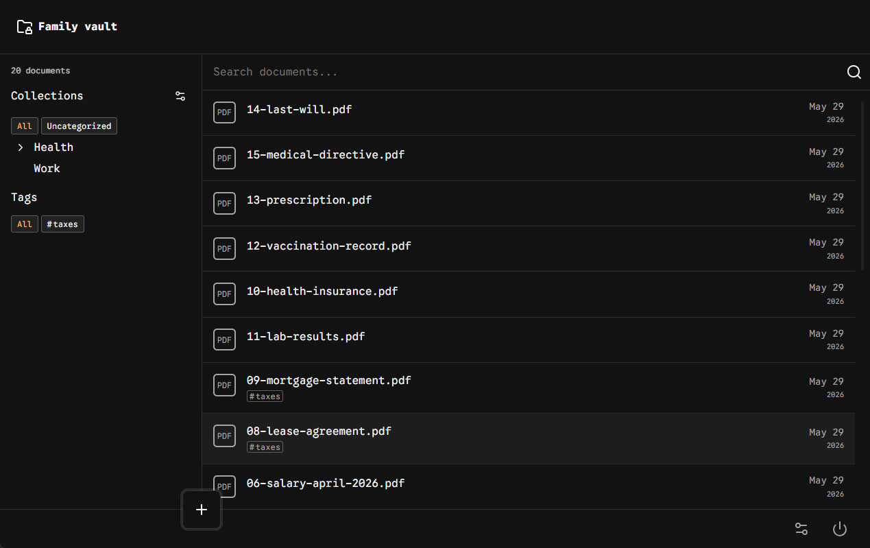 Desktop view: document list with collections, tags, and search