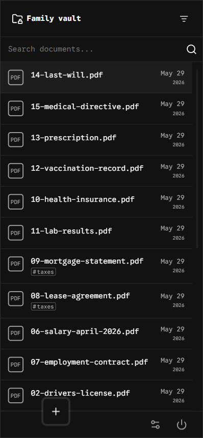 Mobile view: document list inside a vault